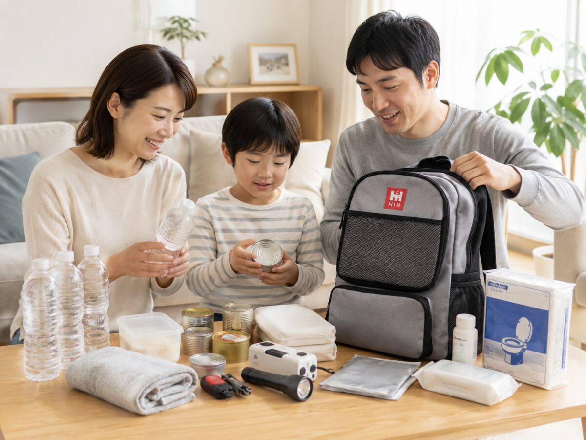 家族で防災リュックの中身を確認する様子