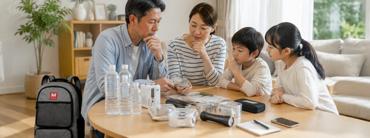 家族で防災セットの備えを話し合う様子