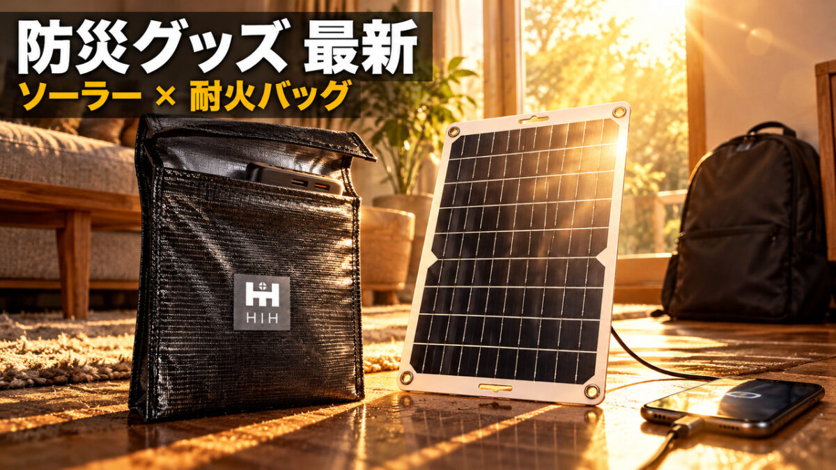 日差しを受けるソーラーパネルと、モバイルバッテリーを入れた耐火収納バッグ
