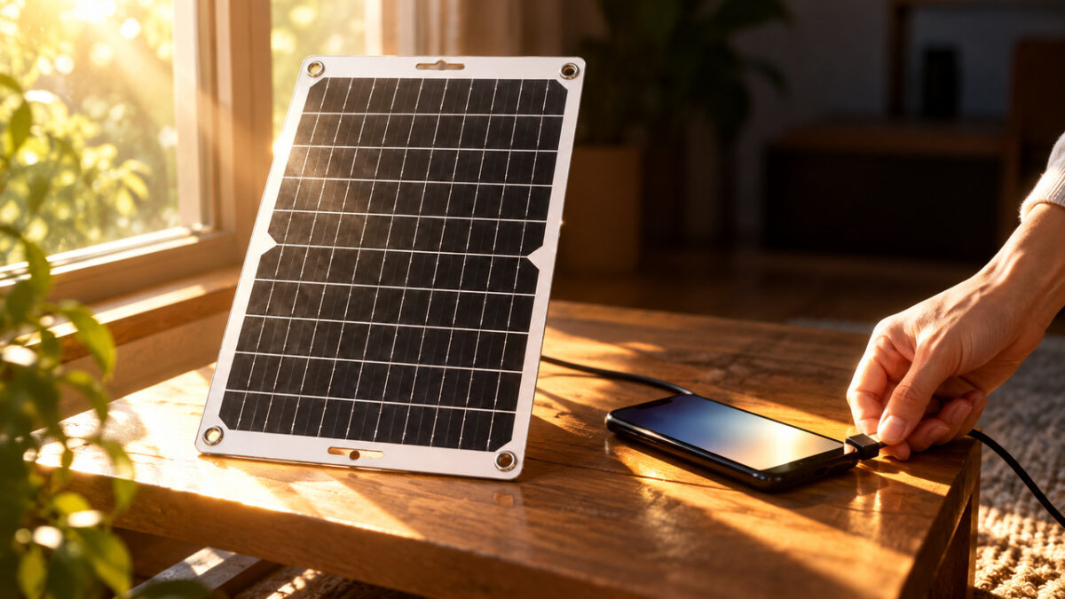 窓から差す朝日の中、ソーラーパネルにつないだスマホを充電する手元